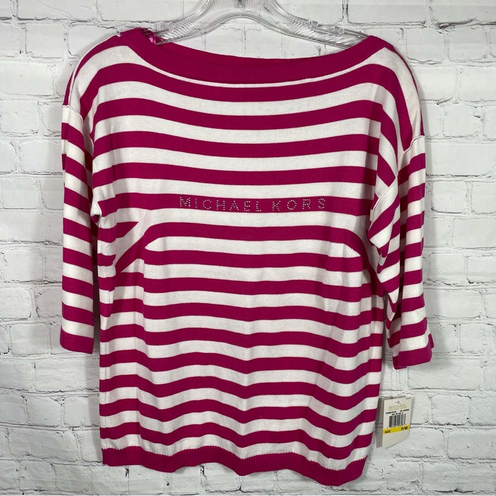 Michael Kors Pink And White Striped 3/4 Sleeve Sweater Size Petite Medium NEW